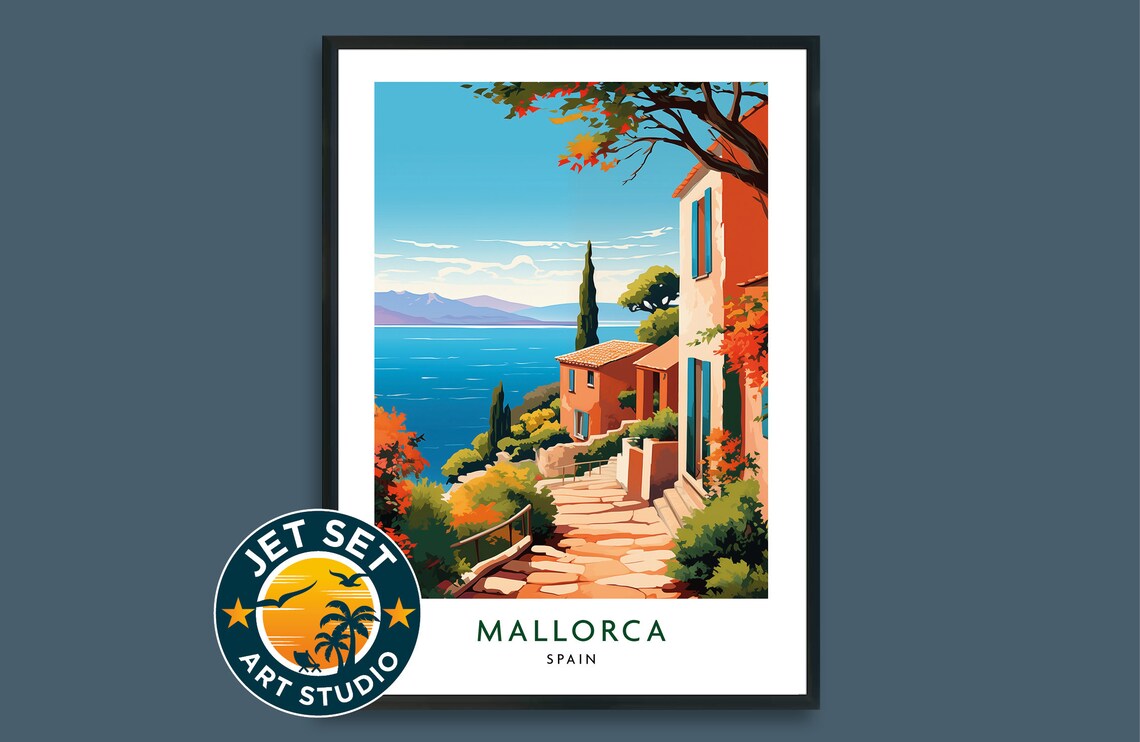 Colorful Mallorca Spain Coastal Village Mediterranean Travel Poster