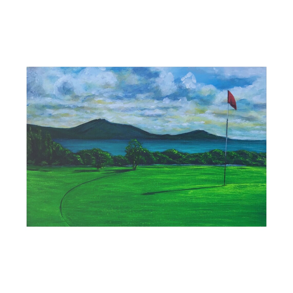 Golf Course Green Red Flag Lakeside Mountains Landscape Sports Poster - Image 5