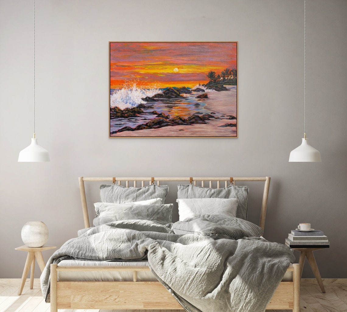 Rocky Shoreline Sunset Waves Crash Orange Sky Ocean Beach Poster - Image 4
