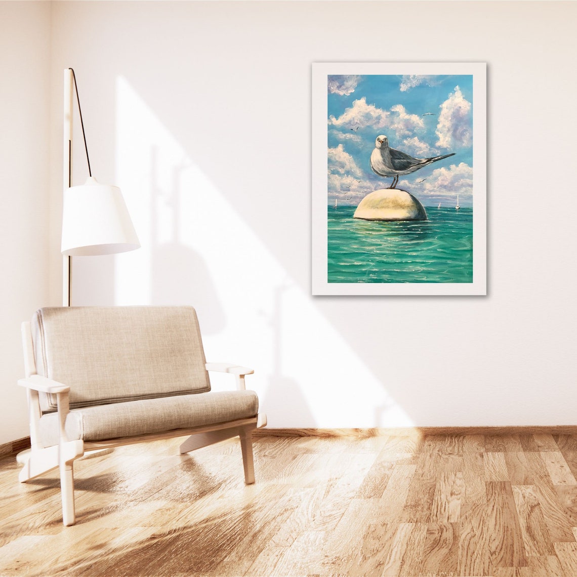 Seagull Perched On Buoy Turquoise Ocean Sky Sailboat Coastal Poster - Image 5