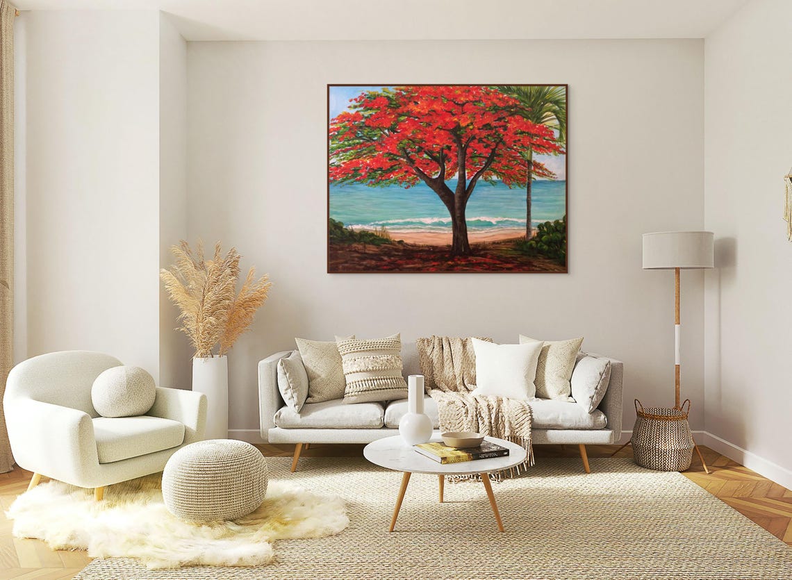 Caribbean Flamboyant Tree Red Blossoms Tropical Beach Ocean Poster - Image 2