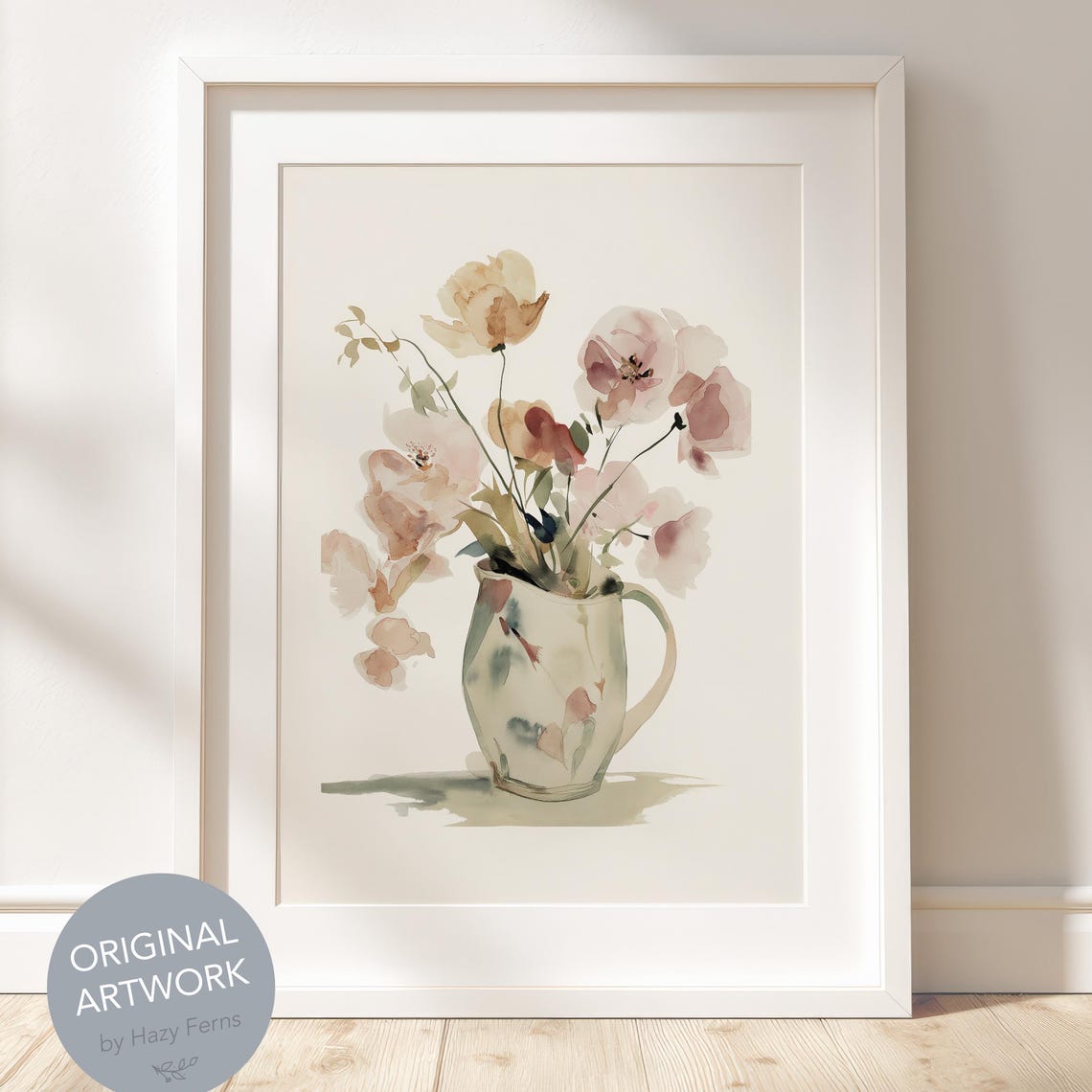 Watercolor Floral Jug Print Ceramic Pitcher Soft Blush Flower Art