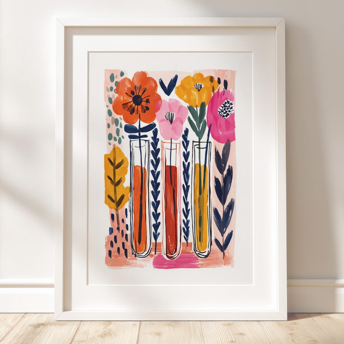 Three Test Tubes Poster Abstract Gouache Botanical Illustration Modern Science Art Print