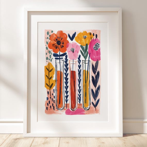 Three Test Tubes Poster Abstract Gouache Botanical Illustration Modern Science Art Print
