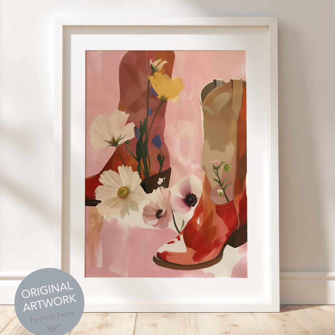 Cowboy Boots With Flowers Art Print, Rustic Western