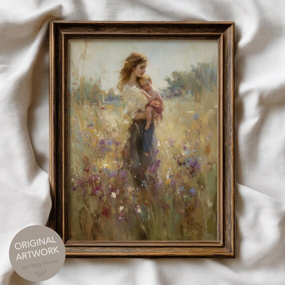 Young Mother Holding Baby Wildflower Field Vintage Art Print