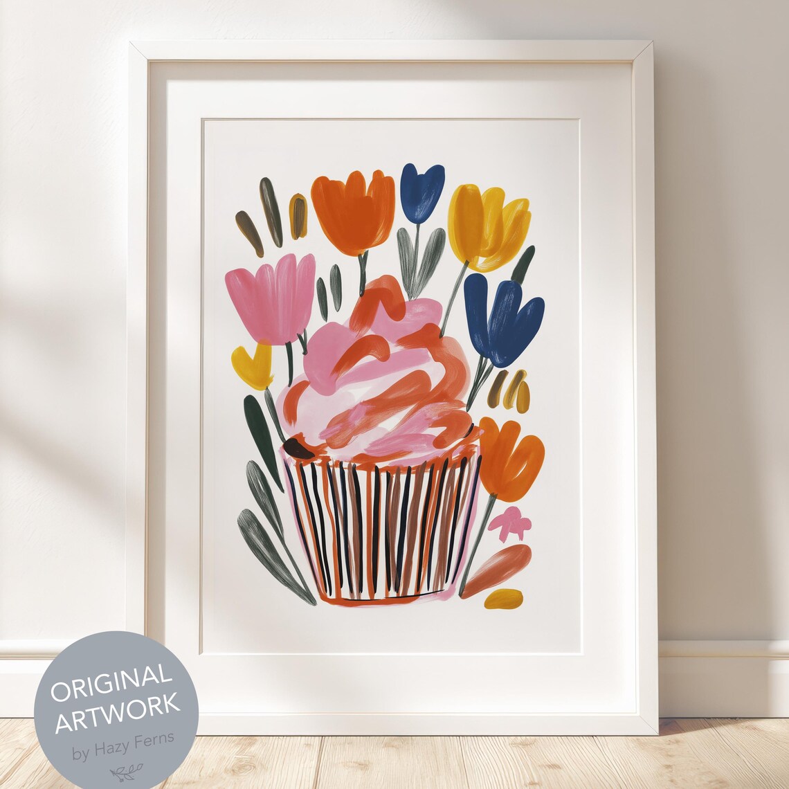 Floral Cupcake Gouache Art Poster Colorful Tulips Dessert Kitchen Decor