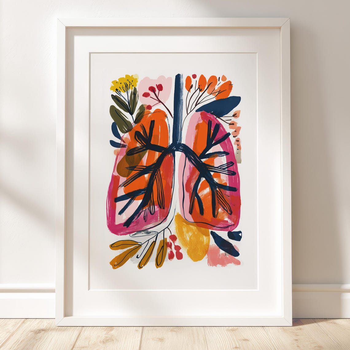 Human Lungs Botanical Flowers Abstract Gouache Style Medical Art Print