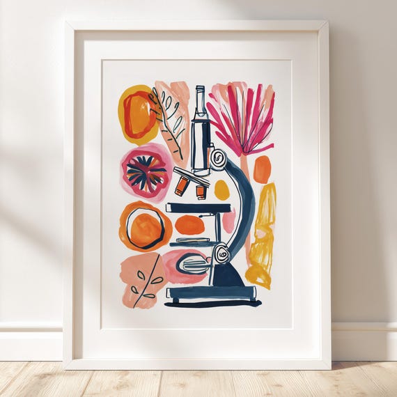 Microscope Science Poster Modern Gouache Illustration Abstract Laboratory Wall Art