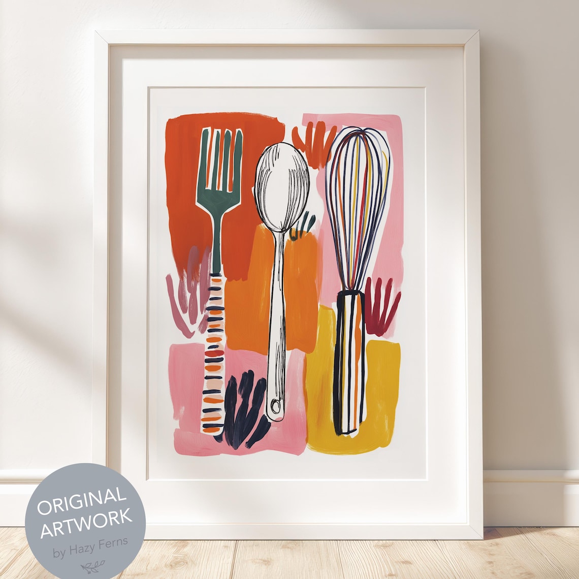 Whisk And Spoon Gouache Art Print, Kitchen Tools Decor