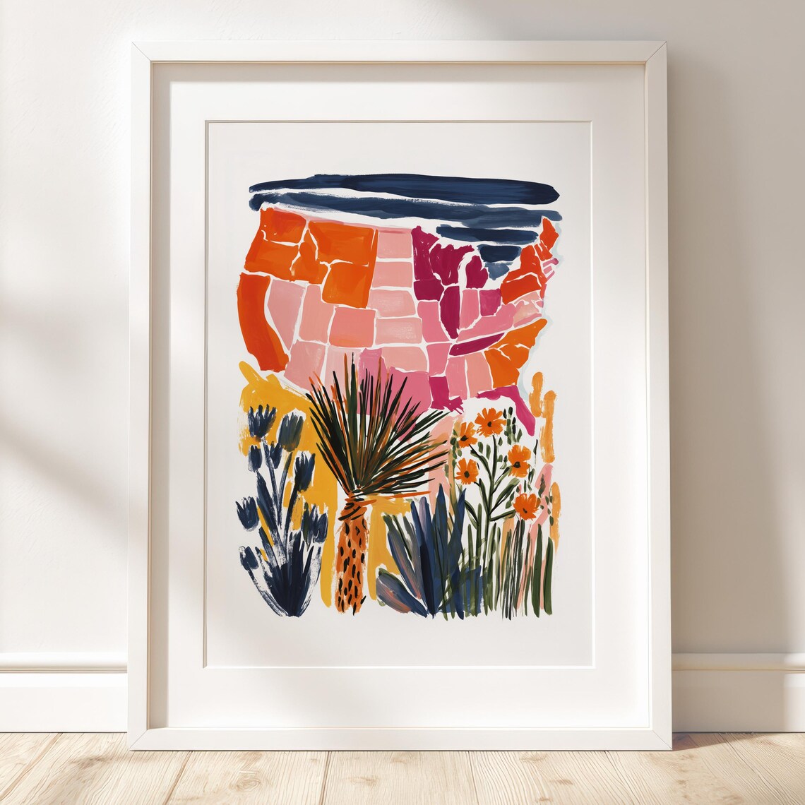 Abstract USA Map Colorful Gouache Desert Botanical Art Poster