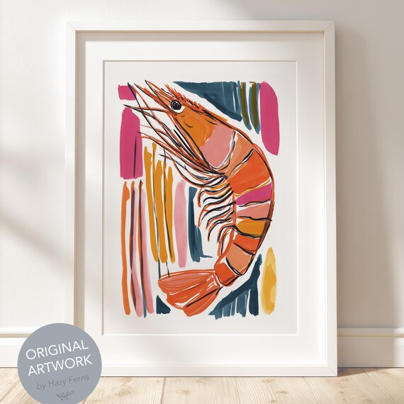 Bold Giant Shrimp Prawn Gouache Japanese Kitchen Food Wall Art