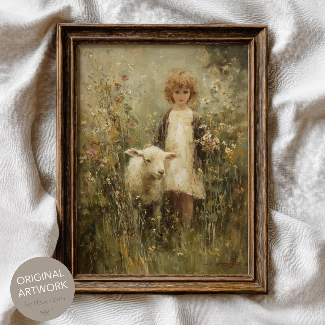Sweet Little Girl with Lamb Wildflower Meadow Vintage Art Poster