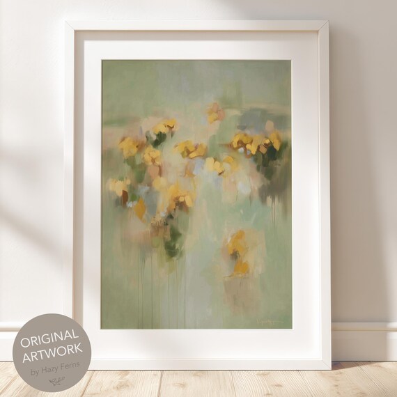 Sunflower Field Abstract Print Neutral Green Beige Wall Art