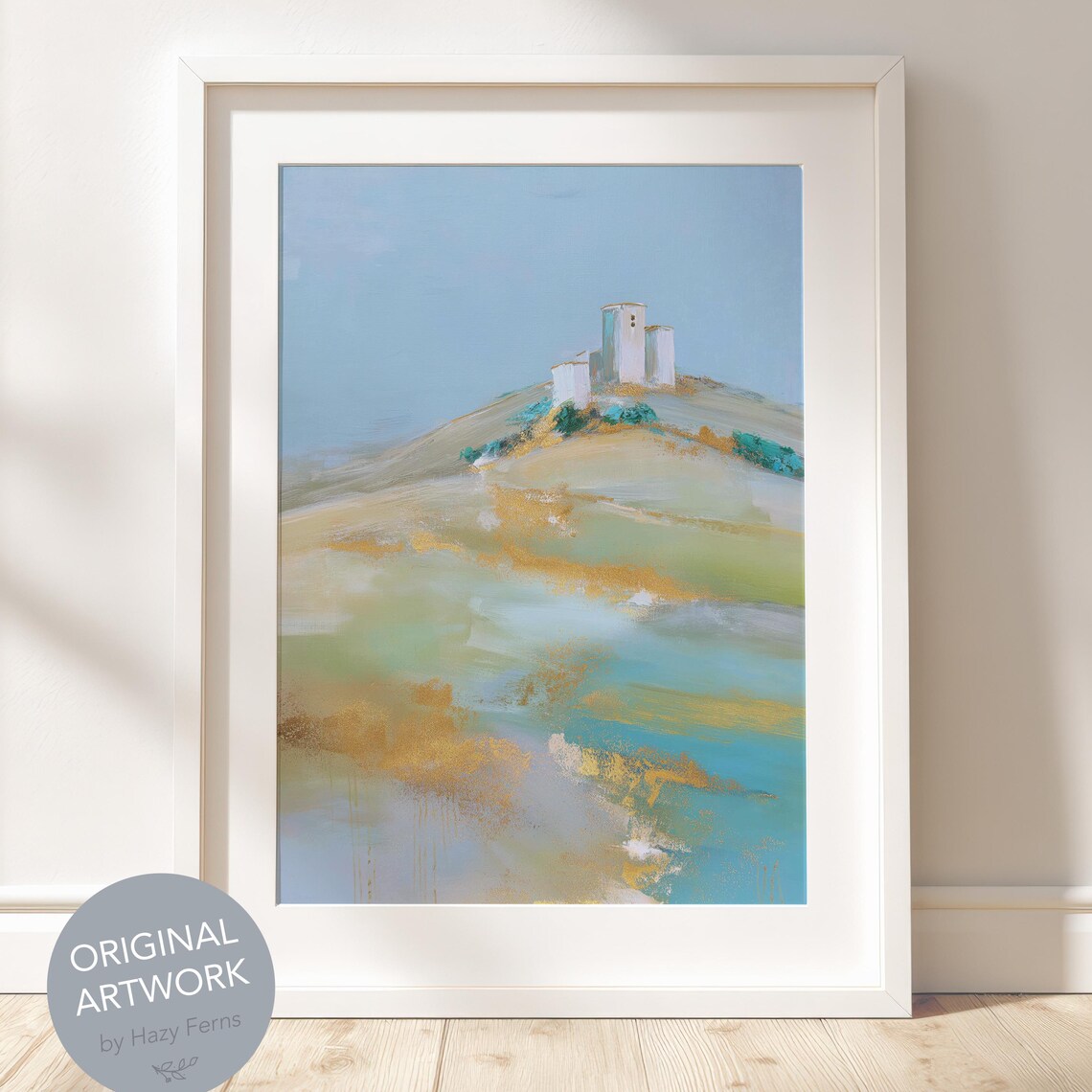 Pastel Castle on Hill, Minimalist Landscape Art Print
