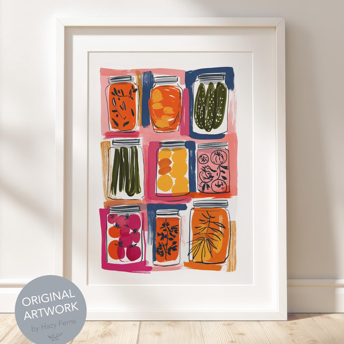 Preserved Veggies Gouache Art Poster Colorful Kitchen Canning Jars Decor