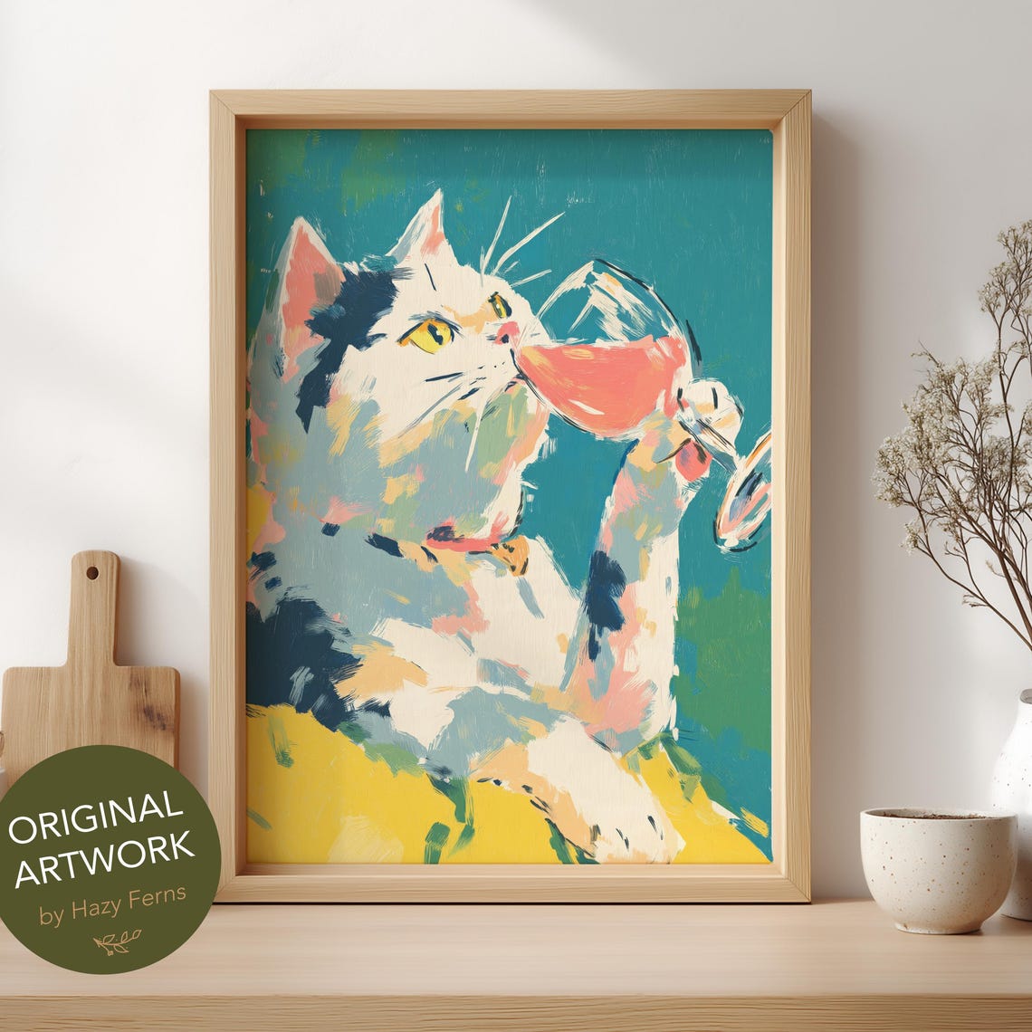 Whimsical Cat Art Print Colorful Gouache Style Playful Wine Glass Wall Poster 1