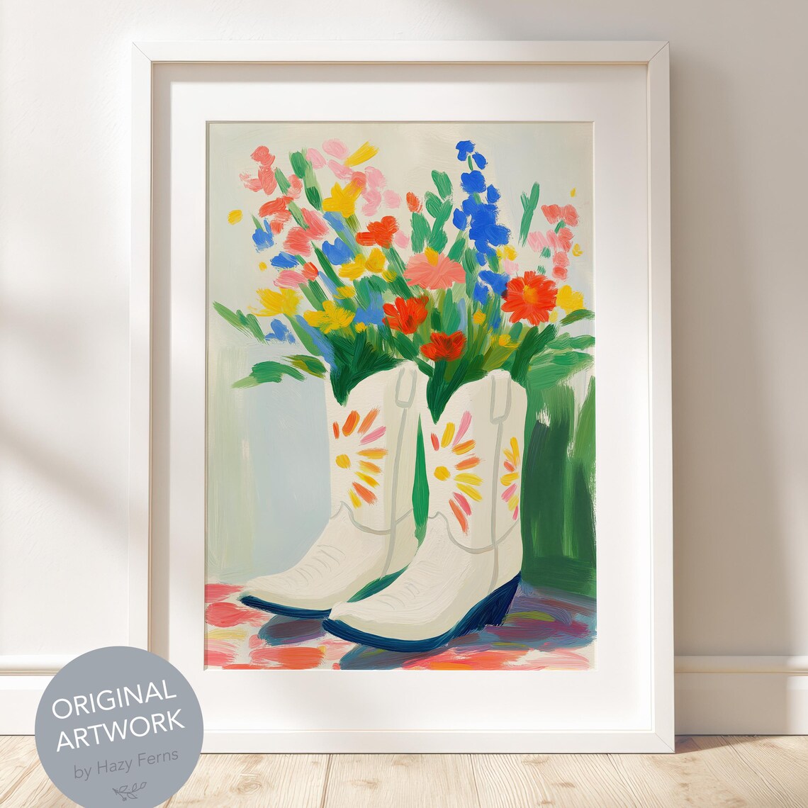 White Cowboy Boots Wildflowers Gouache Western Floral Boho Poster