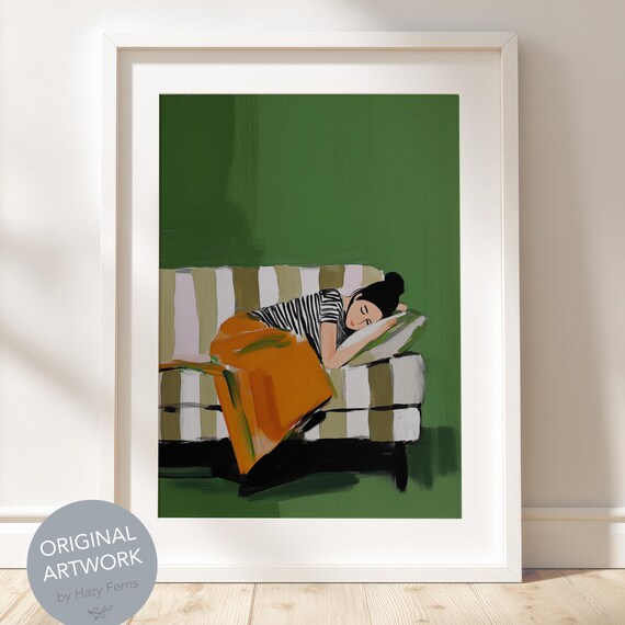 Woman Napping on Striped Sofa Cozy Minimalist Decor Art Print