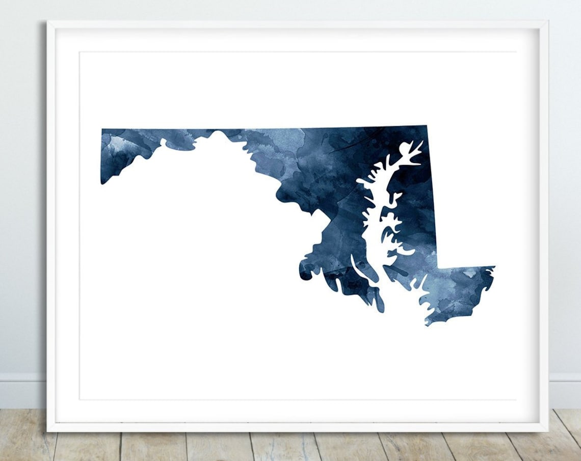 Maryland State Map Print, Navy Blue Watercolor