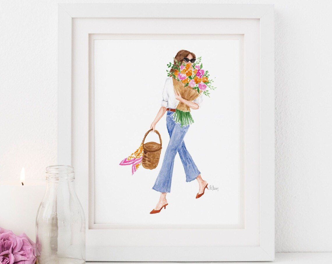 Stylish Girl Carrying Flowers and Basket Watercolor Fashion Poster