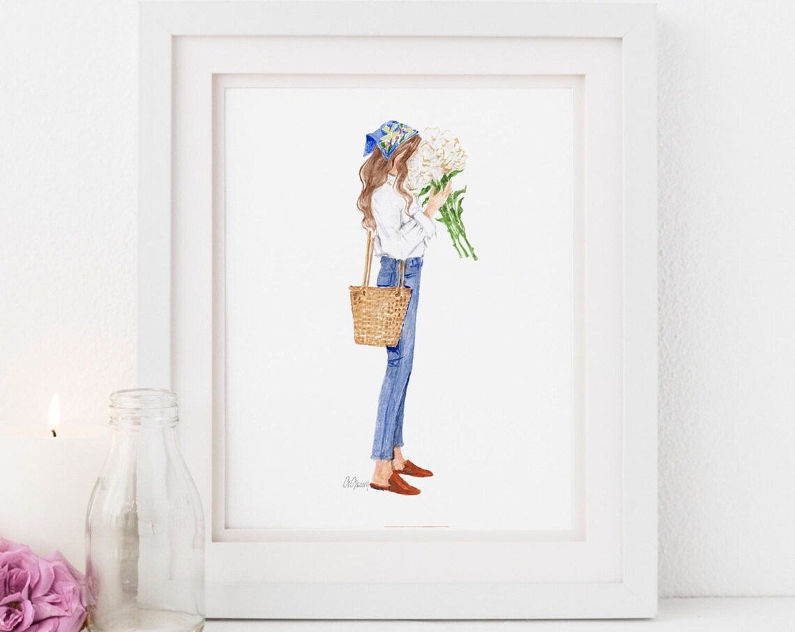 Fashion Girl with Flower Bouquet and Straw Tote Watercolor Poster