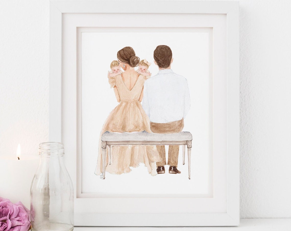 Family Portrait Poster with Mom Dad and Twin Babies on a Bench