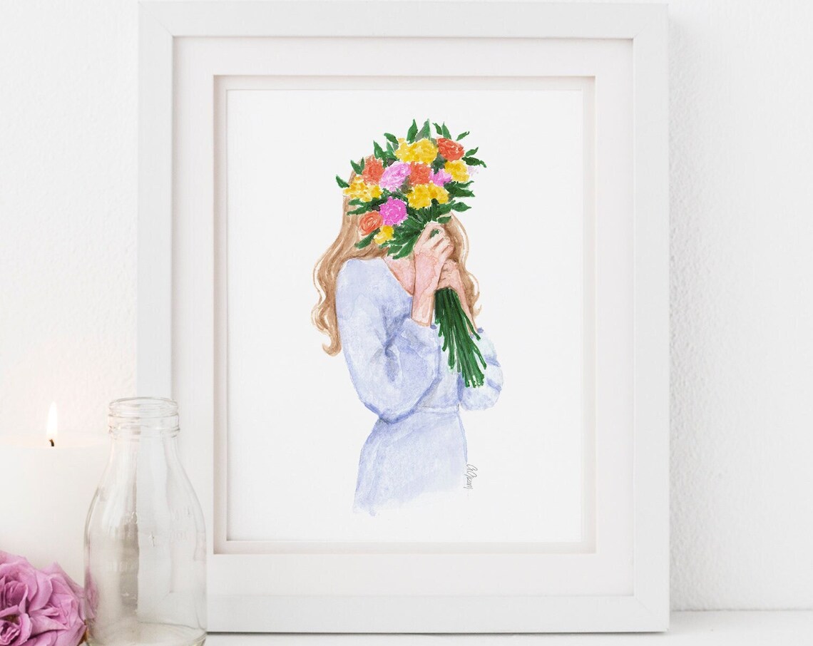Woman Holding Bright Flower Bouquet in Front of Her Face Poster