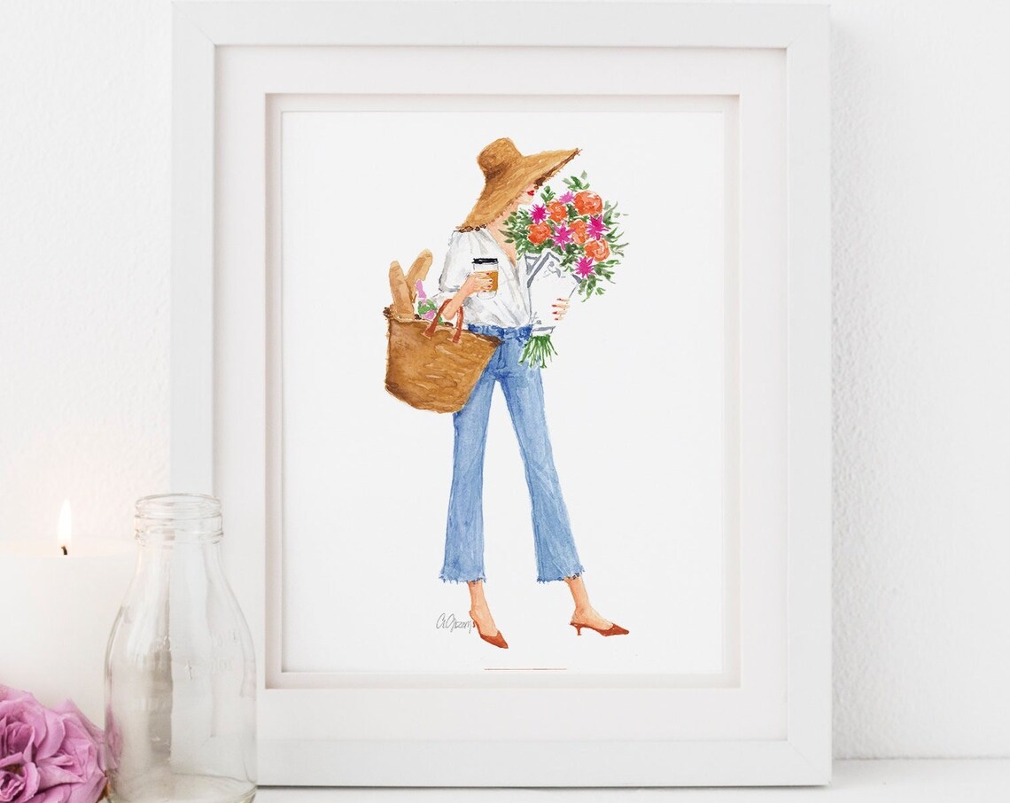 Spring Flower Girl Fashion Illustration Print Parisian Hat Bouquet