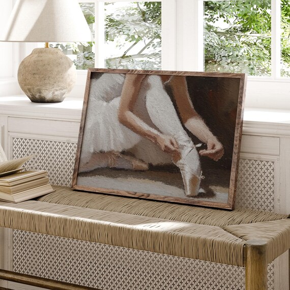 Ballerina Print Ballet Tutu Painting Putting On Pointe Shoes Wall Art Dancer Decor Girls Room Vintage Muted Neutral