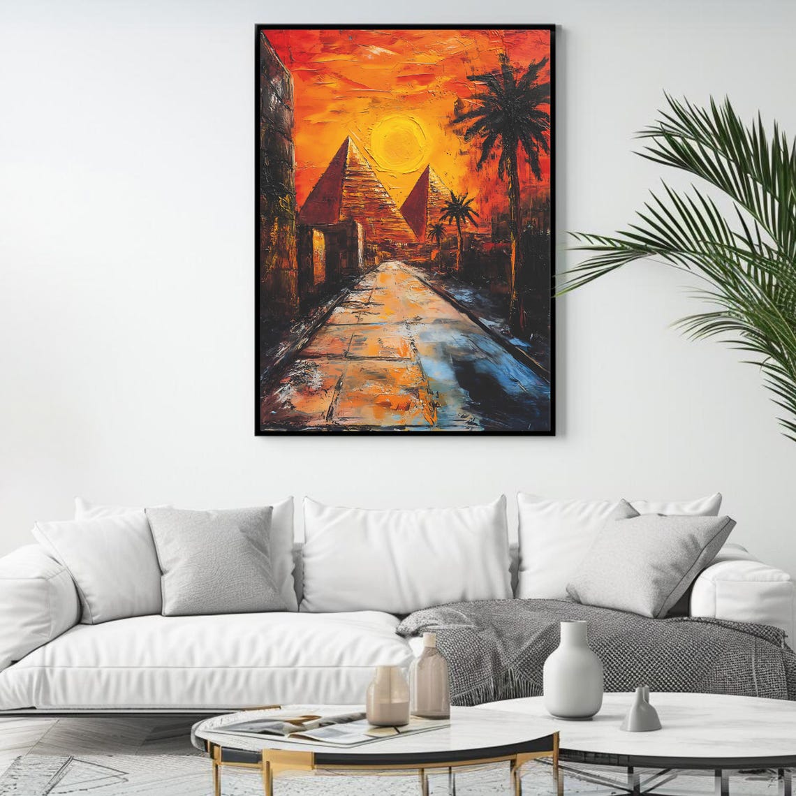 Egyptian Giza Pyramids At Fiery Sunset With Palm Trees Desert Poster - Image 4