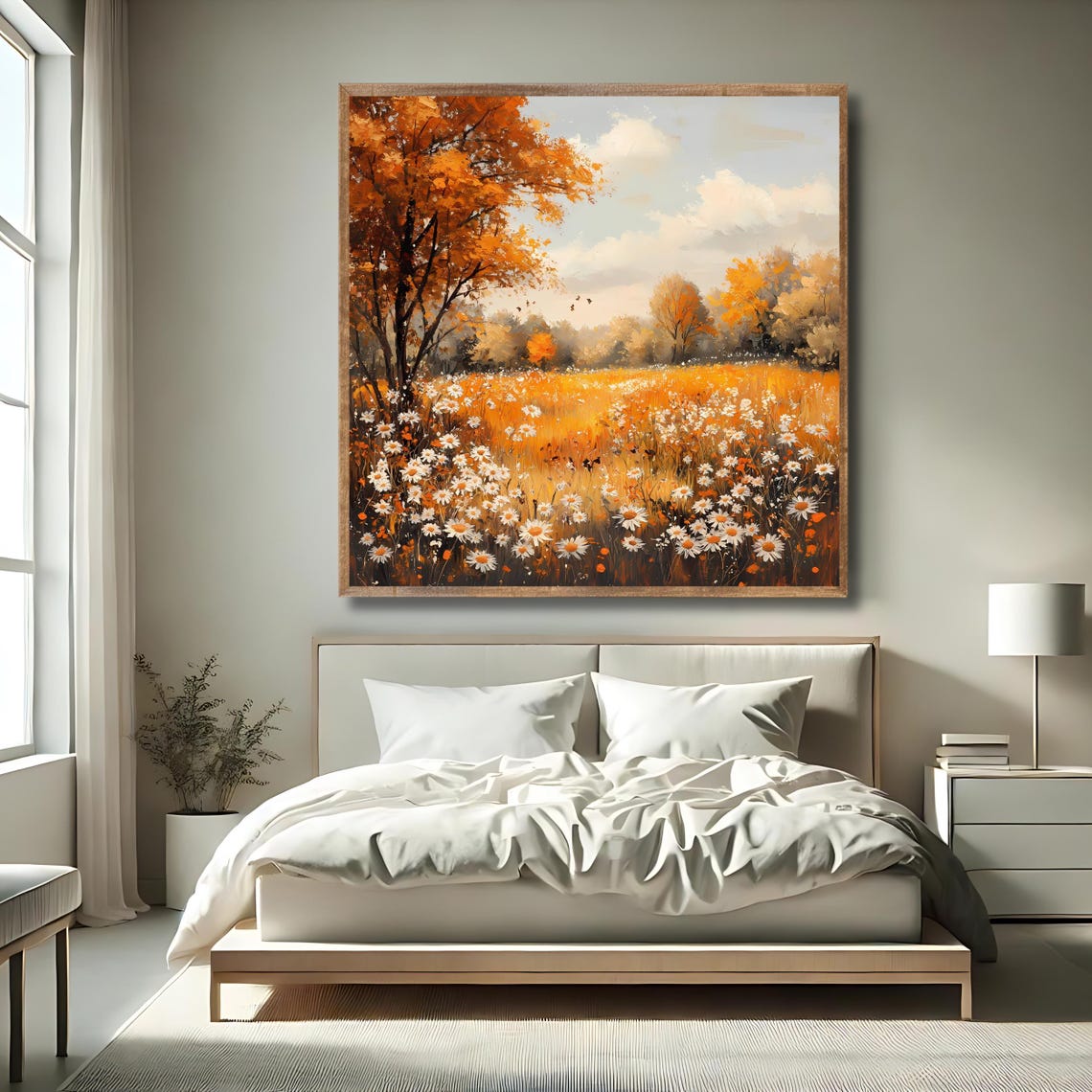 Autumn Meadow Daisy Field Fall Foliage Orange Tree Square Wall Art - Image 2