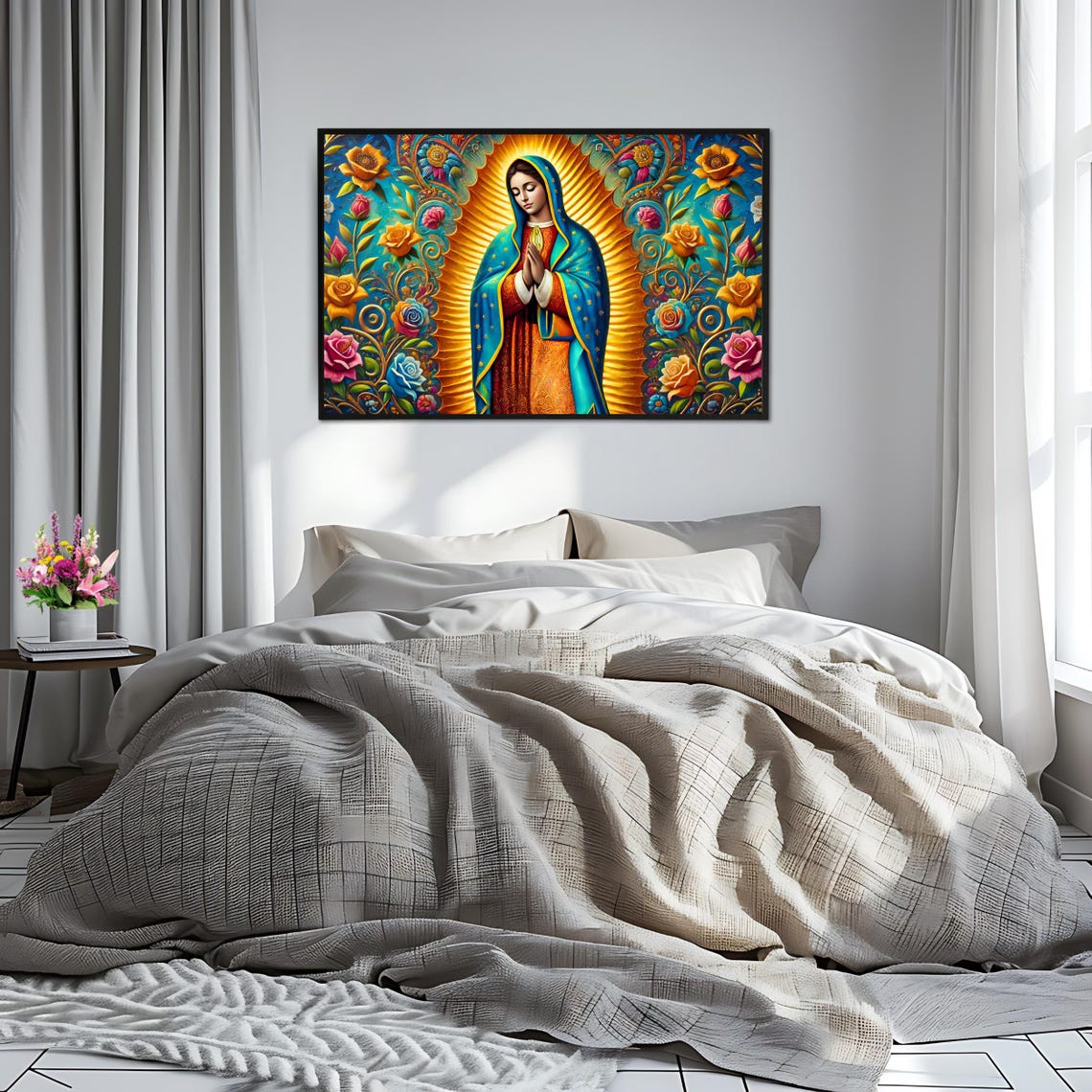 Our Lady of Guadalupe Vibrant Floral Halo Catholic Devotion Art Print - Image 2
