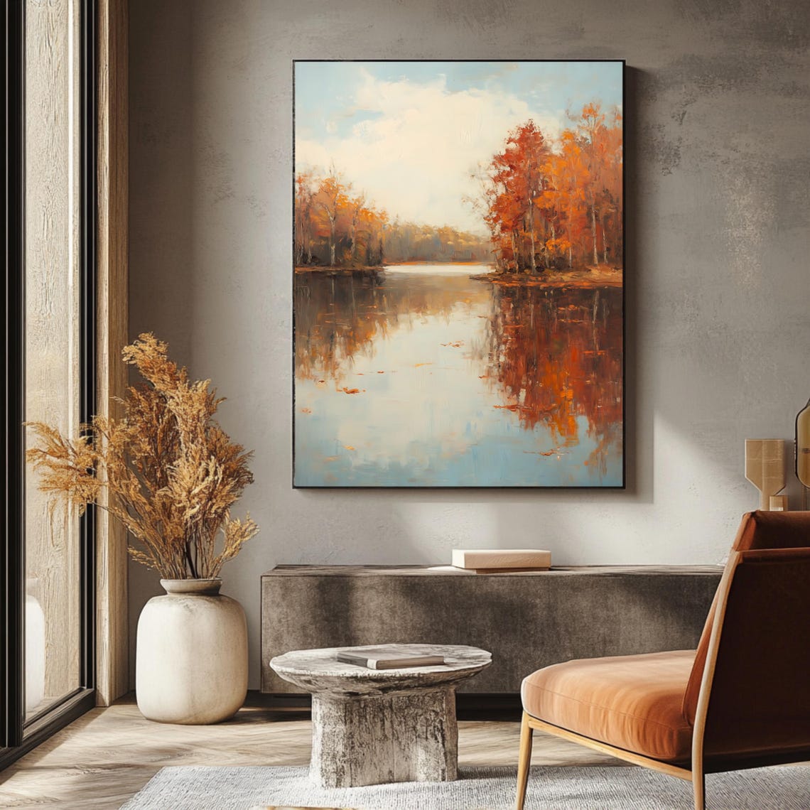 Autumn Lake with Mirror Reflections of Orange Trees Vintage Poster - Image 3