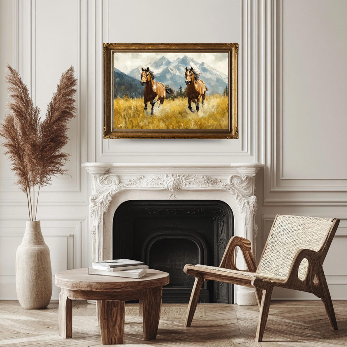 Two Horses Running Golden Field Mountain Landscape Wild Horse Poster - Image 3