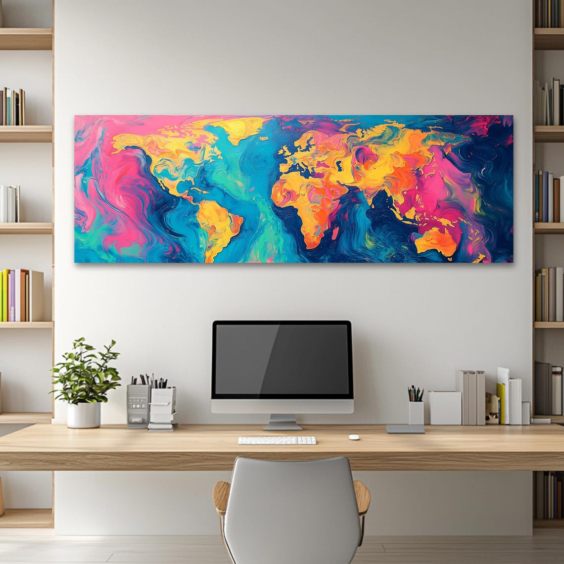 Colorful Fluid World Map Marbled Paint Panoramic Travel Art Poster - Image 2