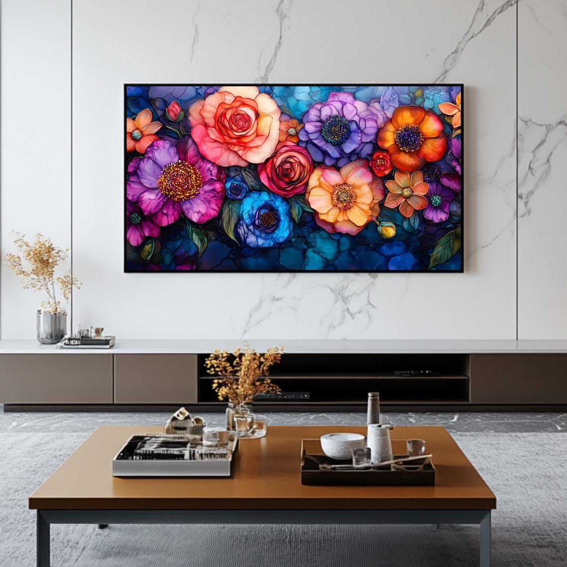 Vibrant Stained Glass Roses And Cosmos Flowers Colorful Art Poster - Image 2