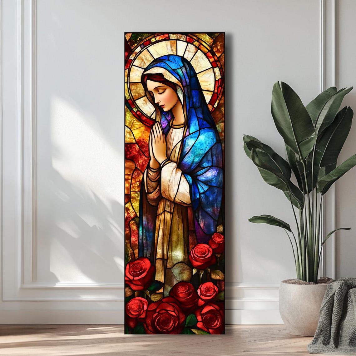 Virgin Mary Stained Glass Blue Veil Red Roses Prayer Catholic Poster - Image 3