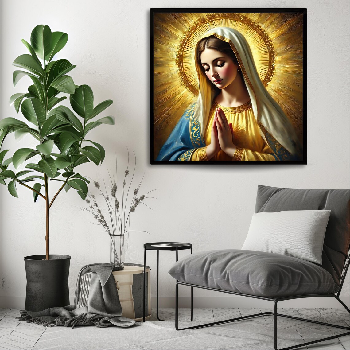 Blessed Virgin Mary Golden Halo Prayer Catholic Devotional Religious Art Print - Image 3
