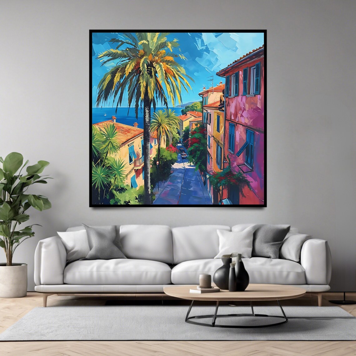 Mediterranean Street Palm Trees Colorful Buildings Blue Sea View Print - Image 4