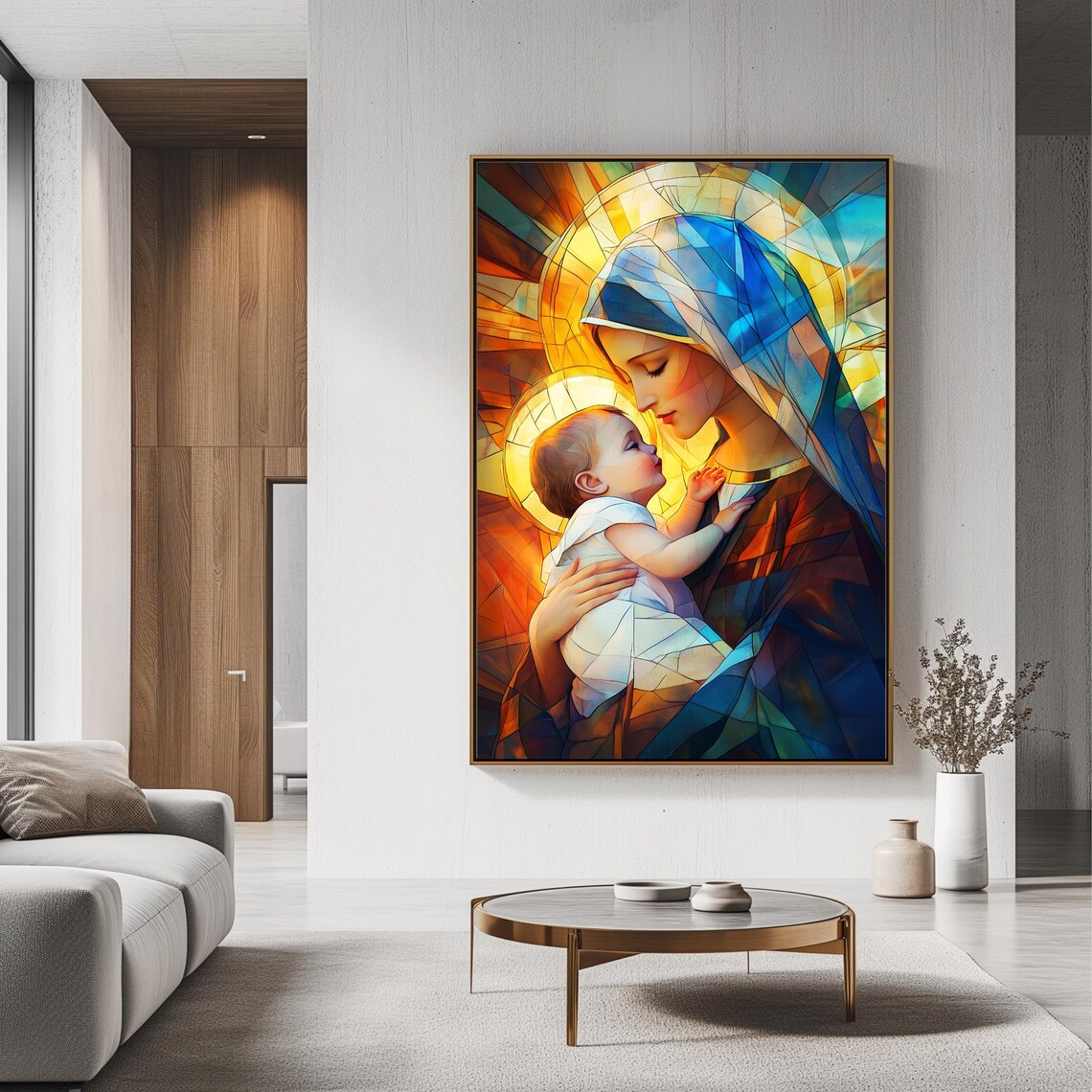 Virgin Mary And Jesus Stained Glass Madonna Child Golden Religious Art Print - Image 3