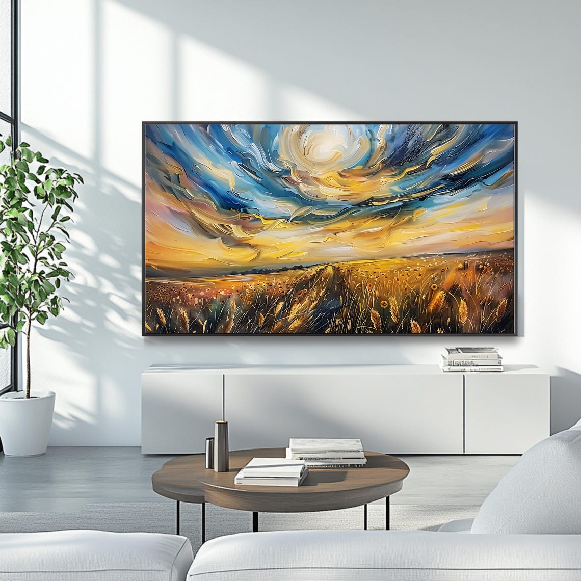 Golden Wheat Field Under a Dramatic Sunset Sky Impasto Art Poster - Image 4