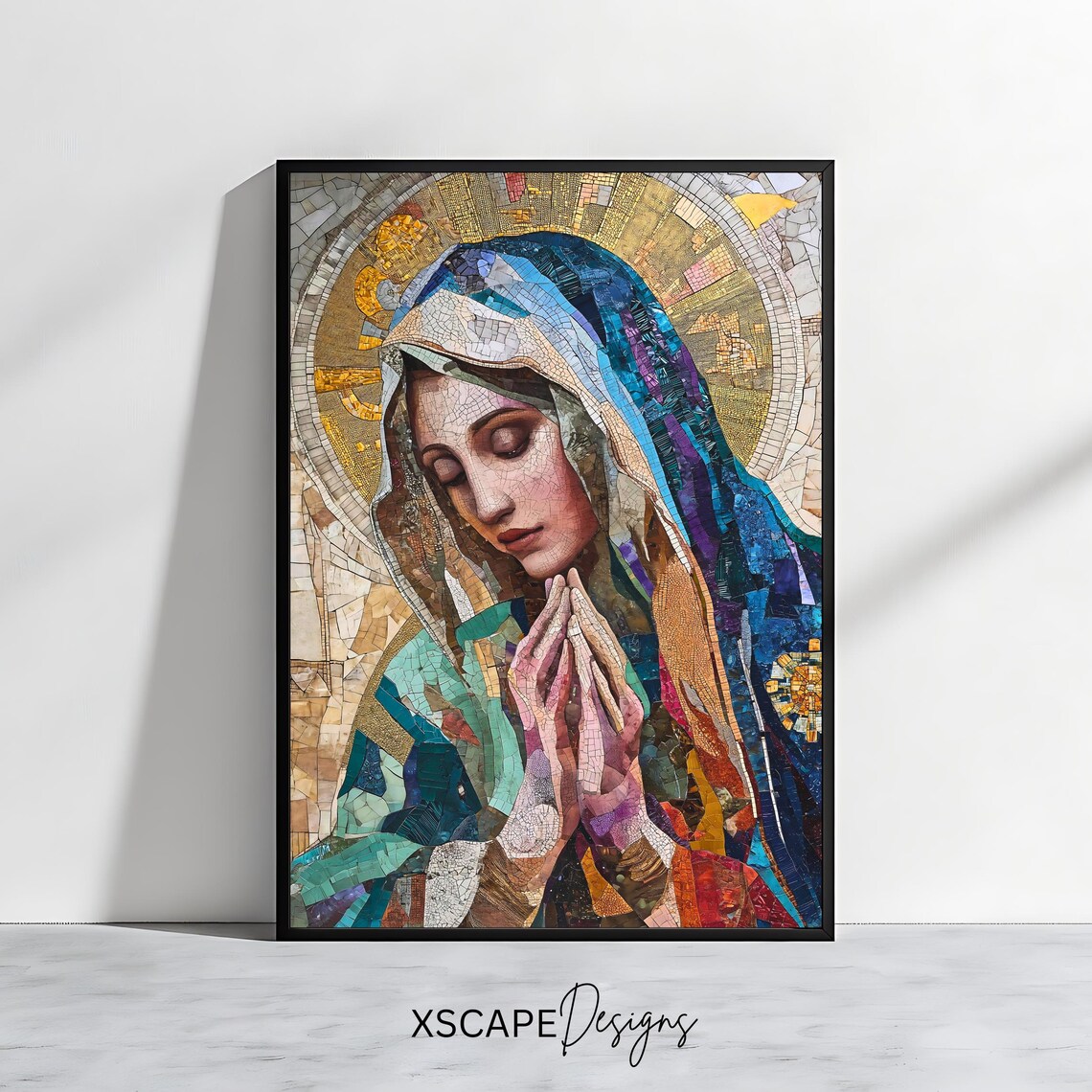 Virgin Mary Mosaic Prayer Blue Veil Golden Halo Catholic Faith Art Print Poster