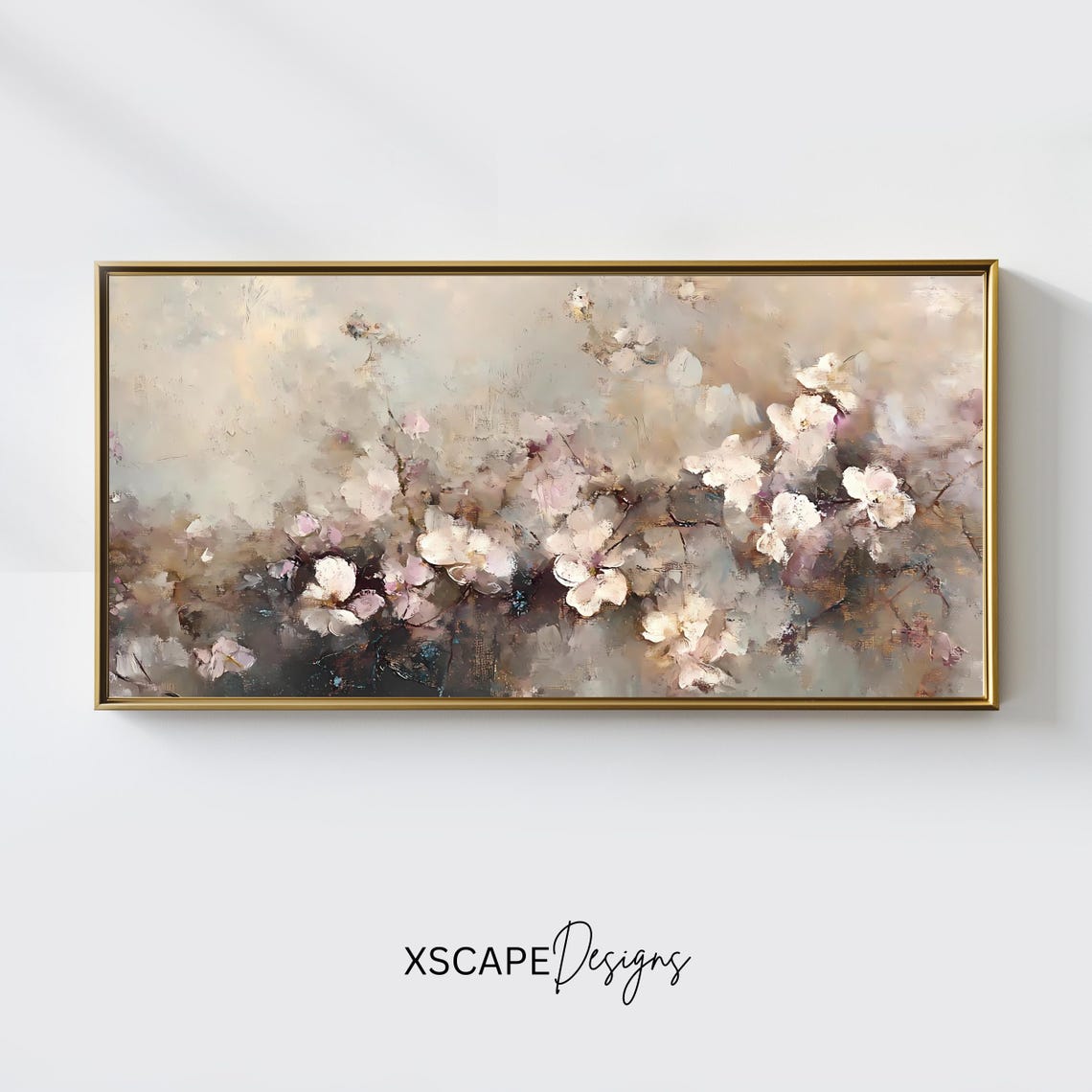 Neutral Cherry Blossom Branches Soft Beige Floral Painting Wall Art