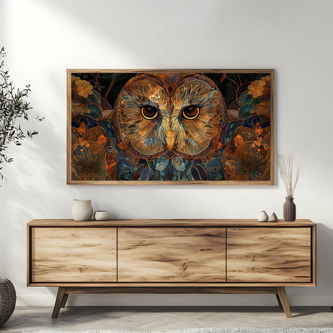 Mystical Golden Owl Art Nouveau Floral Frame TV Bird Wall Art - Image 3