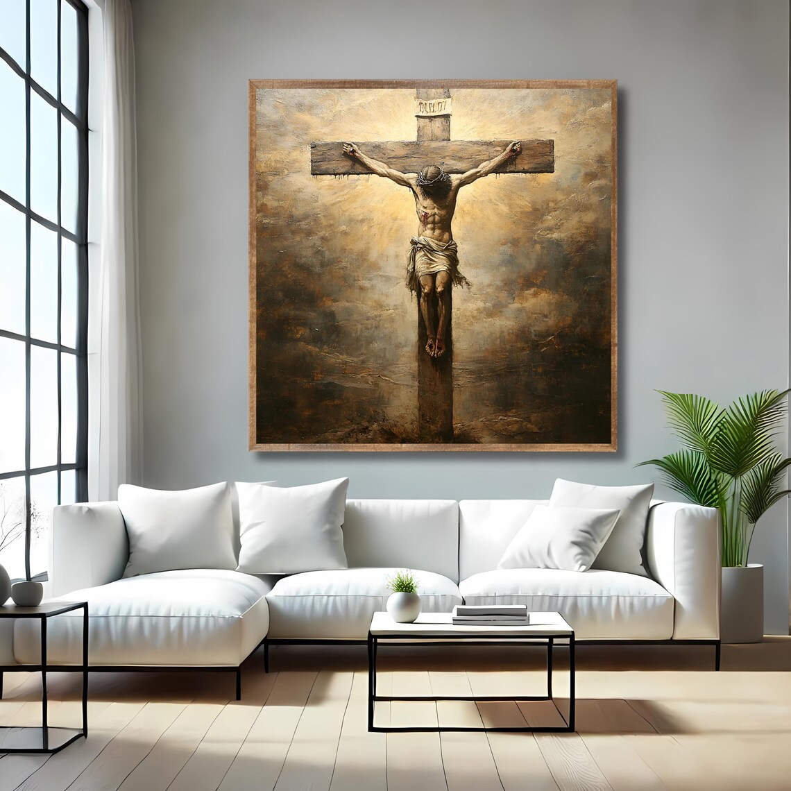 Crucifixion of Jesus on the Cross Dramatic Clouds Antique Religious Art Print - Image 4