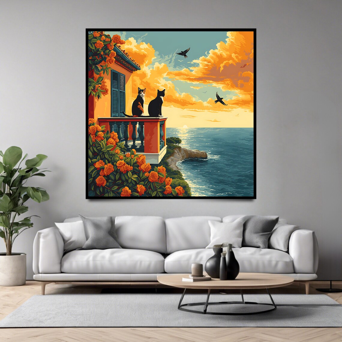 Two Cats On Balcony Overlooking Ocean Sunset Orange Roses Coastal Poster - Image 4