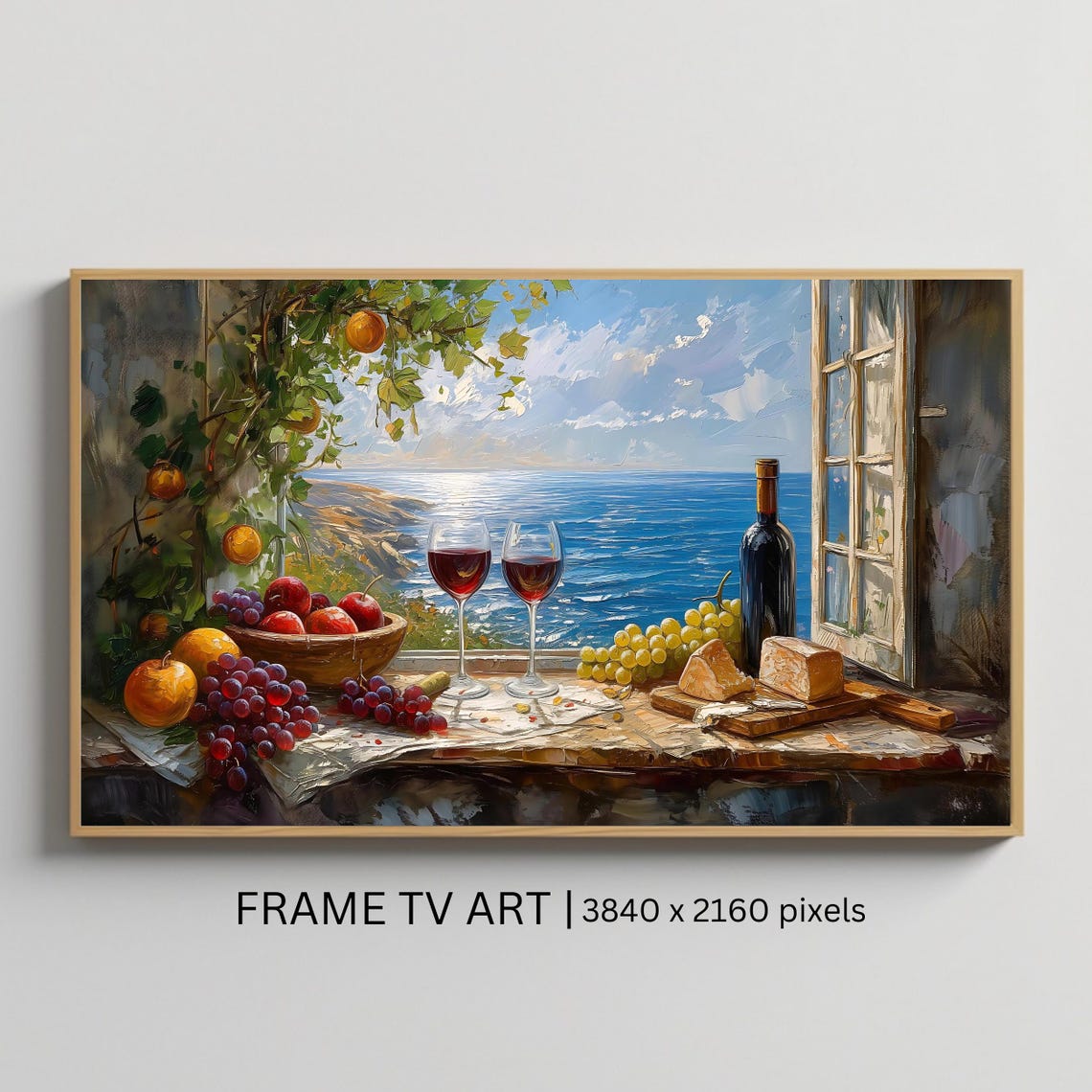 Mediterranean Window Sea View Wine Cheese Still Life Coastal Poster
