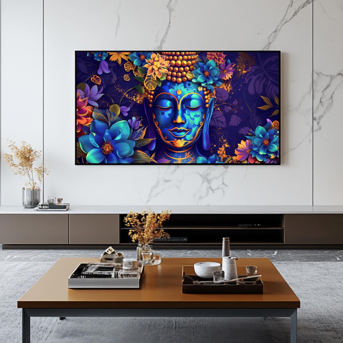 Blue Buddha Face Colorful Flowers Neon Spiritual Zen Meditation Poster - Image 2