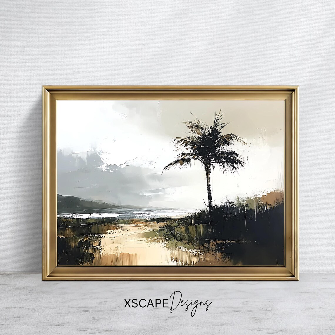 Antique Coastal Landscape, Vintage Palm Tree Scene